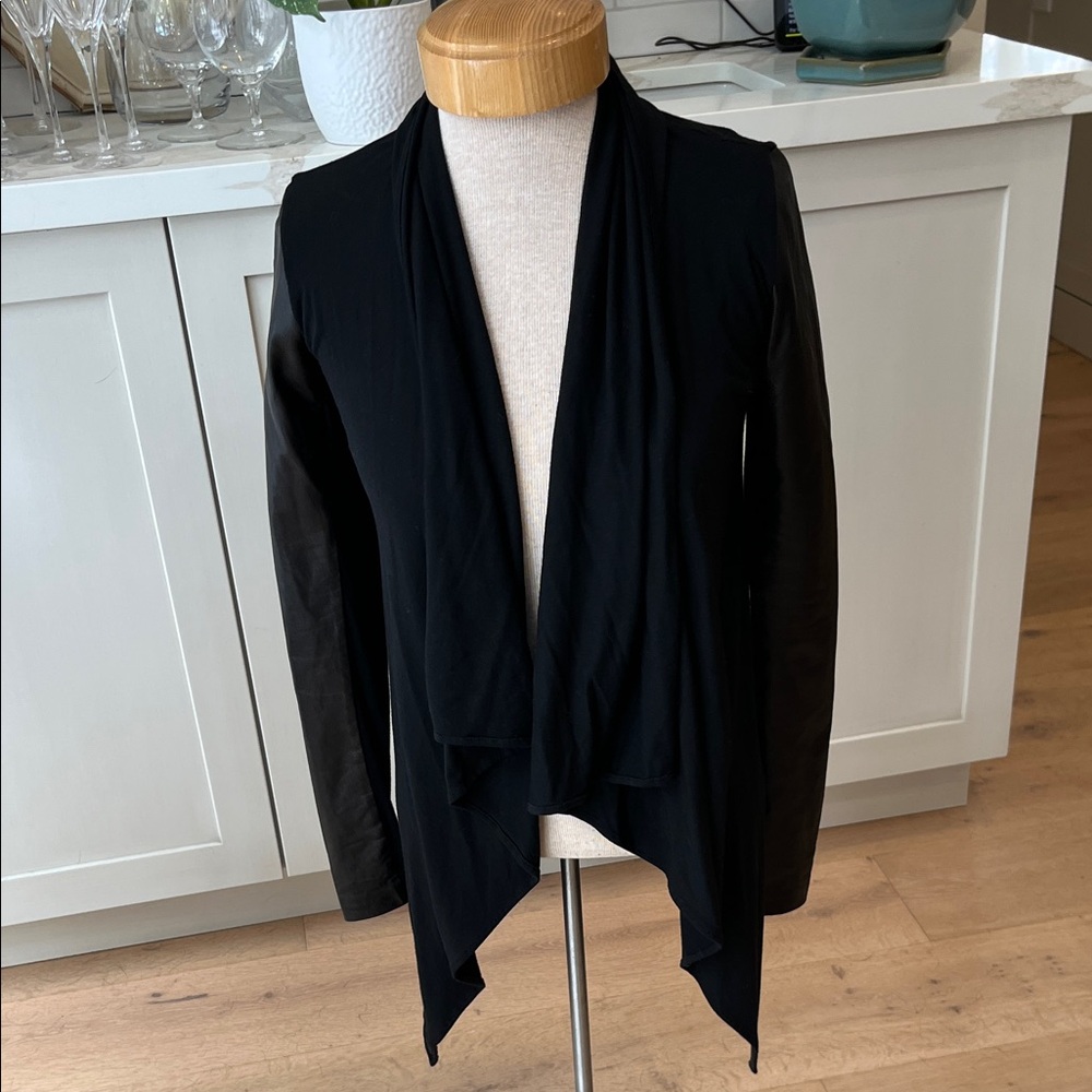 Danier Black Women's open draped front Sweater with soft leather long sleeves